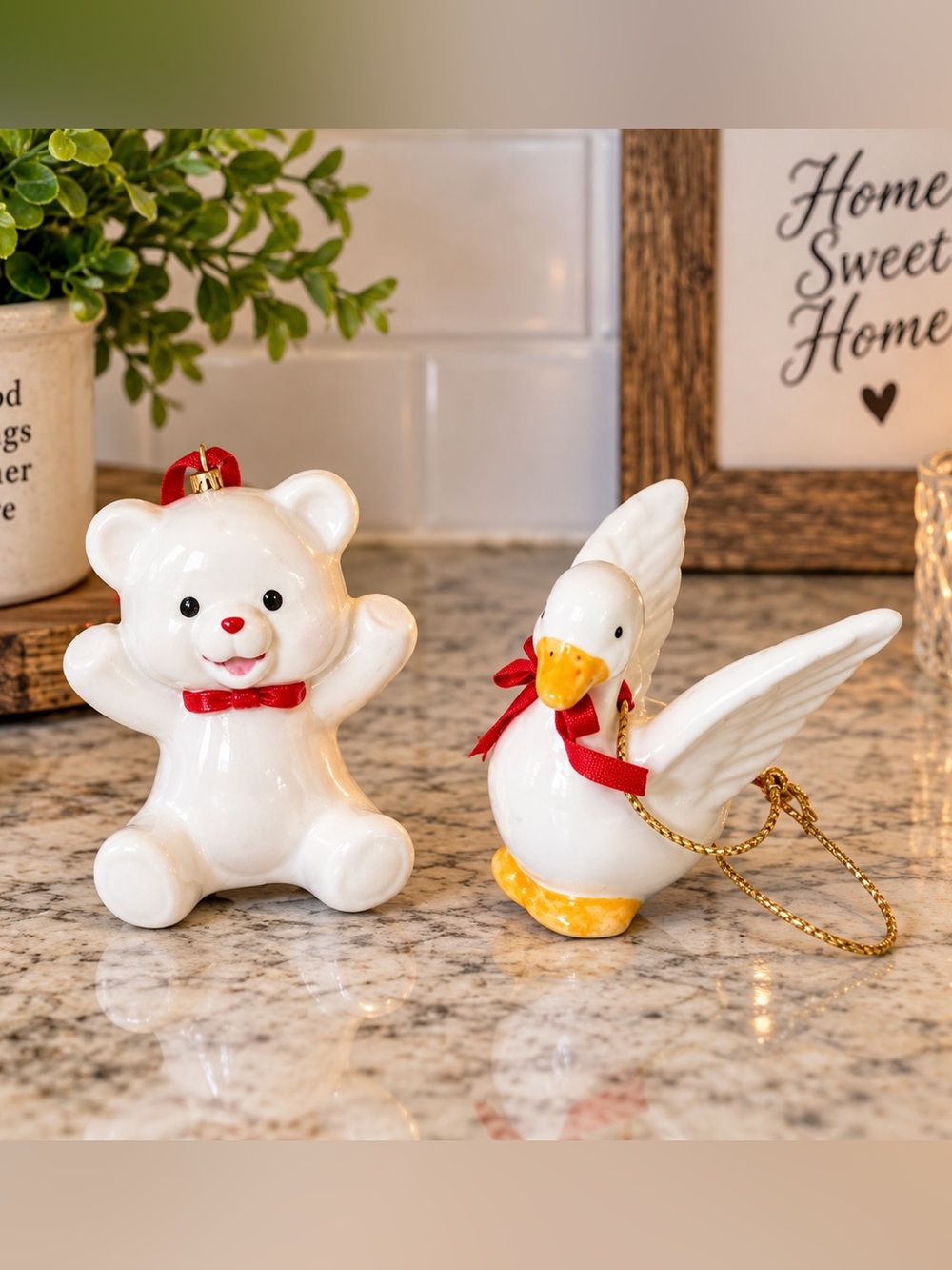 Vintage Mini Ceramic Christmas Ornaments Bear & Goose 2” Holiday Pair